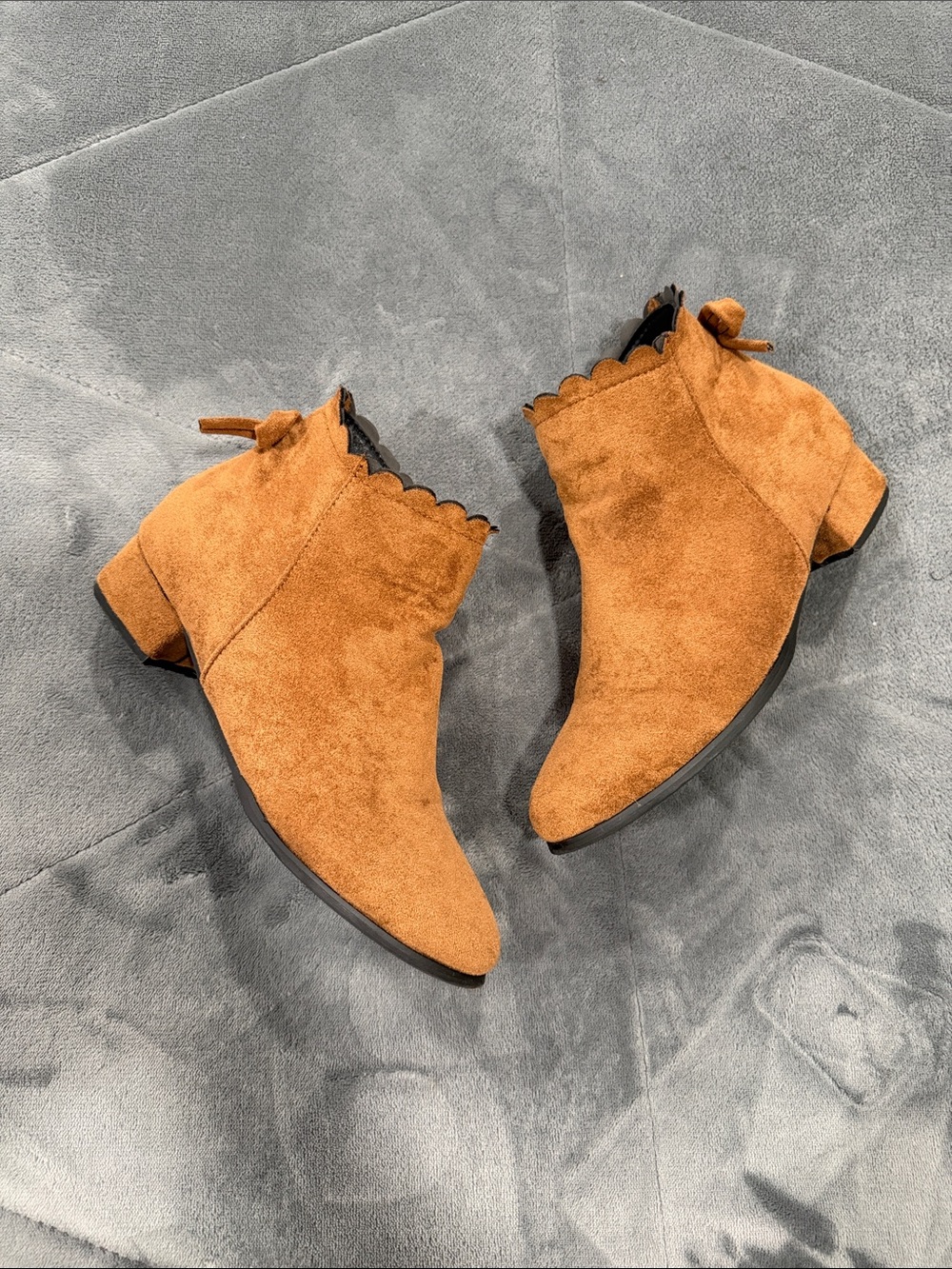 Scalloped Suede Ankle Booties in Cognac